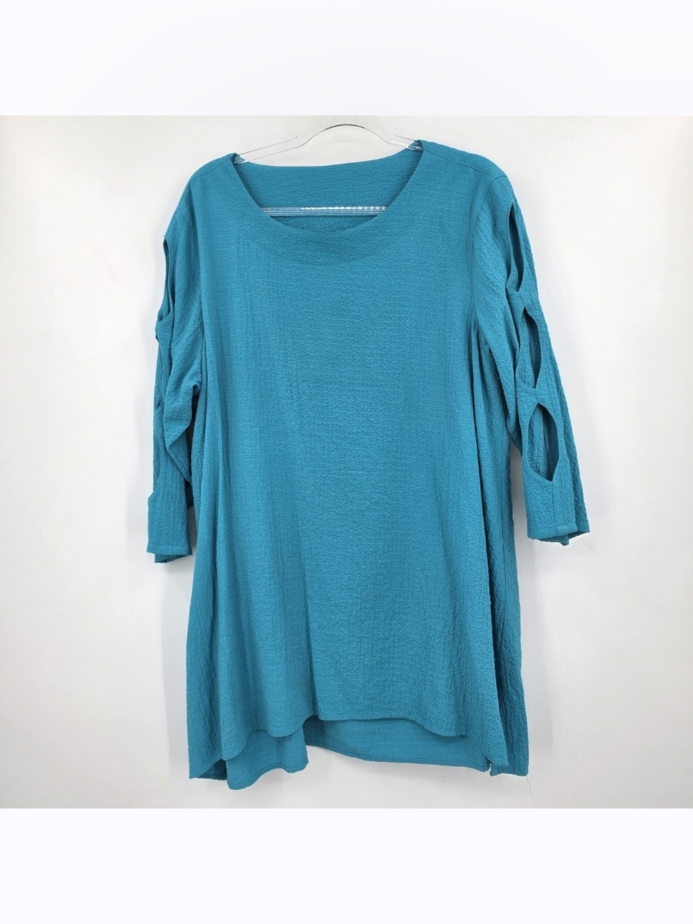 Ali Miles Crinkle Tunic Top Cut Out XL Turquoise Long Sleeve